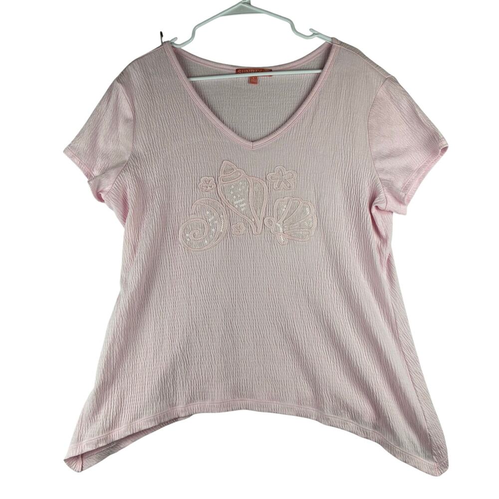 Sun Bay Sequin Shells Starfish V-Neck Short Sleeve T-Shirt Women Large Pale Pink